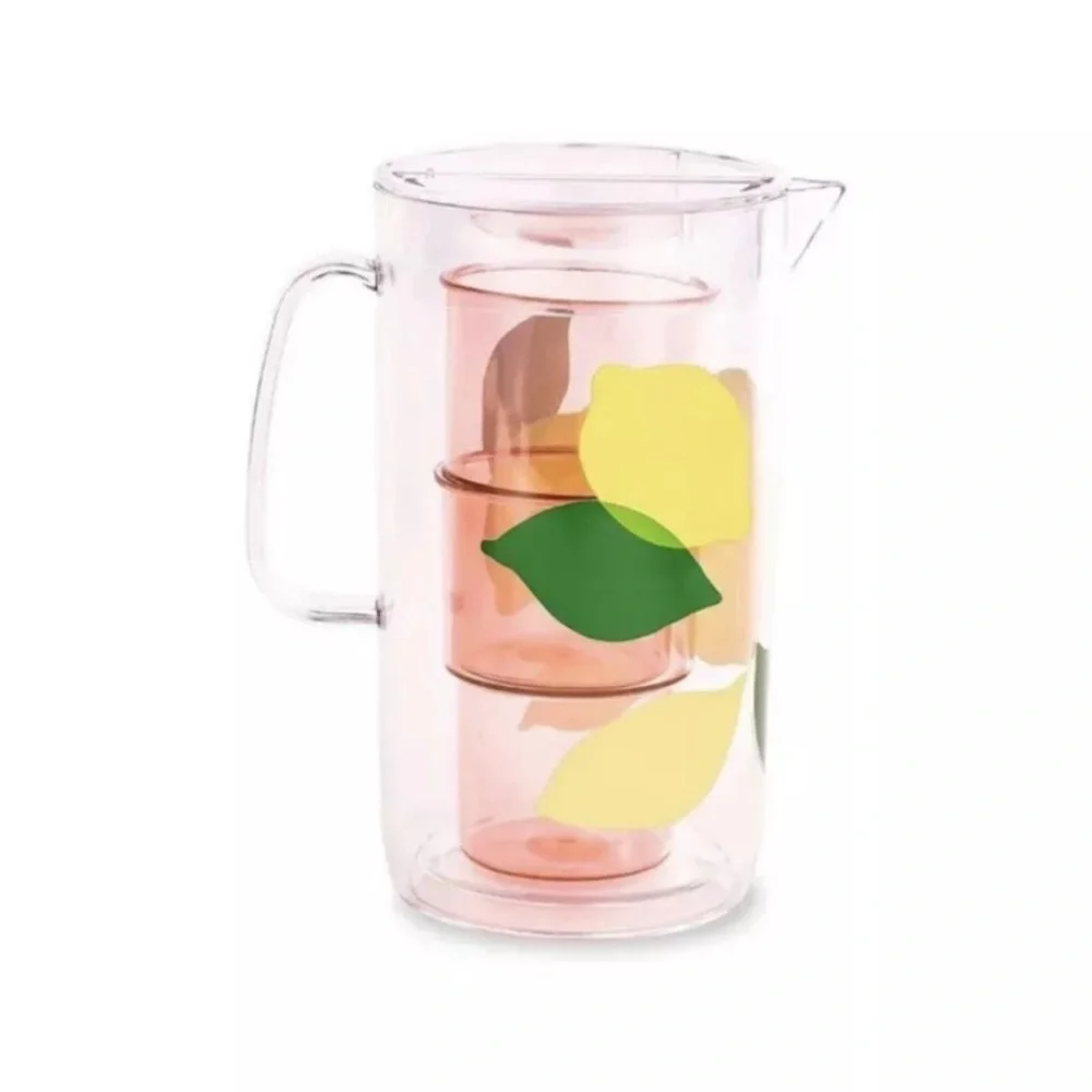 Kate Spade Lemon Pitcher 58 oz & 2 Stackable 12 oz Tumblers Acrylic Set